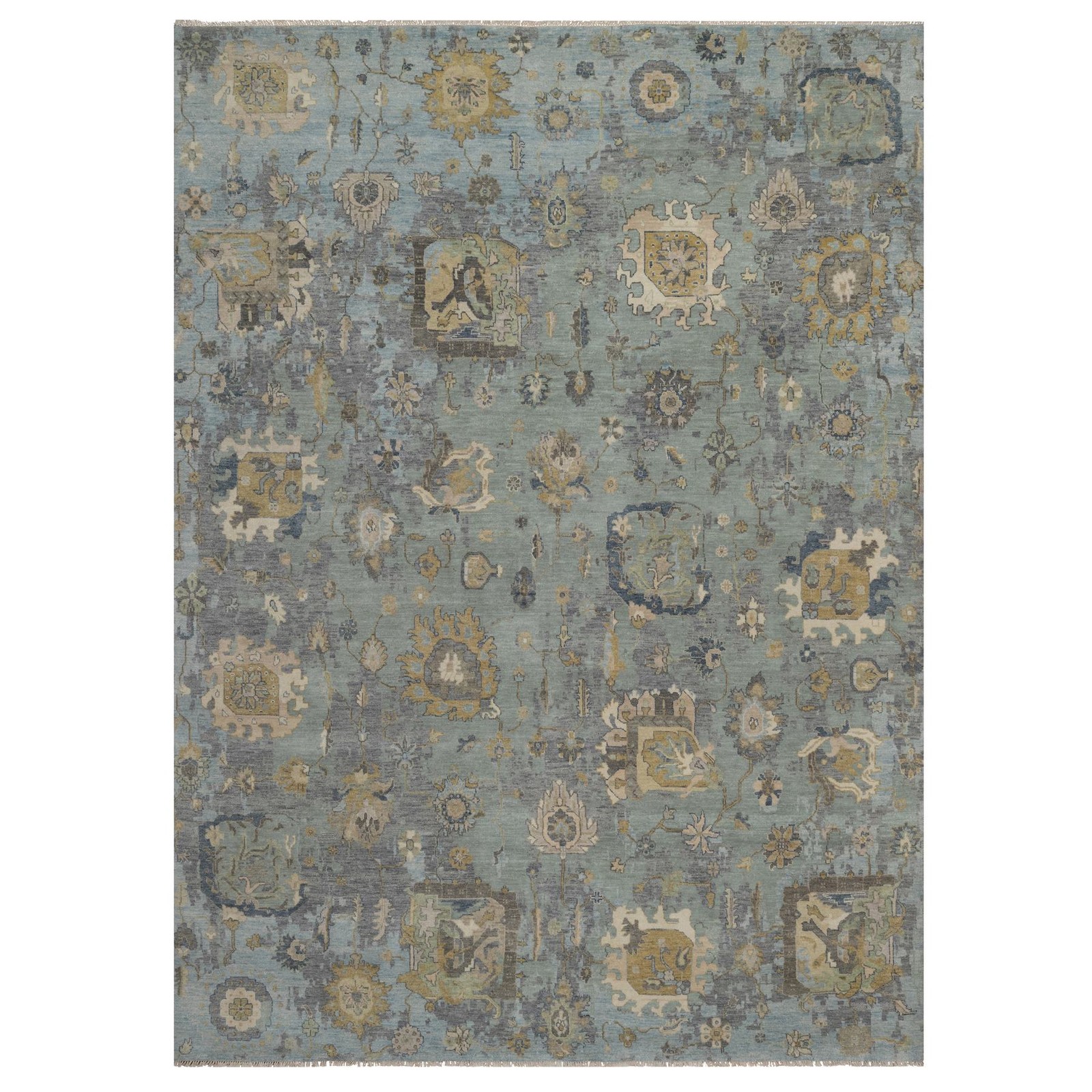 8’7″x12′ Silt Green Pure Wool Rug Oushak with Leaf Pattern Hand Knotted 91809