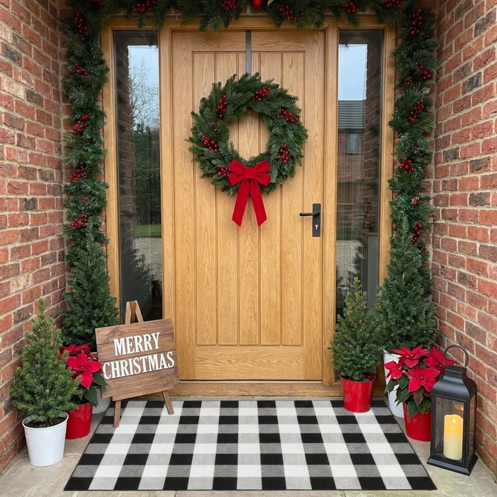 Buffalo Plaid Outdoor Rug 3′ x 5′ Black and White Front Door Mat, Layering Ru…
