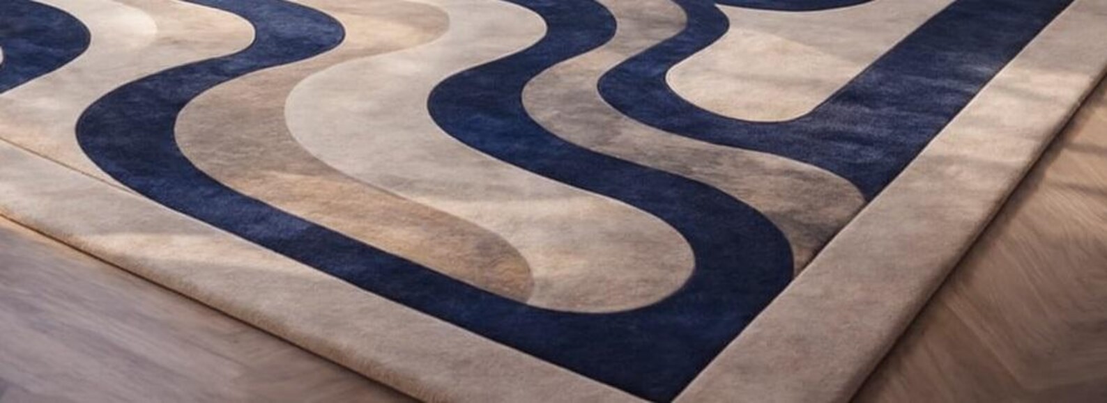 Abstract Wool Area Rug – Hand-Tufted Scandinavian Beige Cream Navy Rug 9×12|6×9