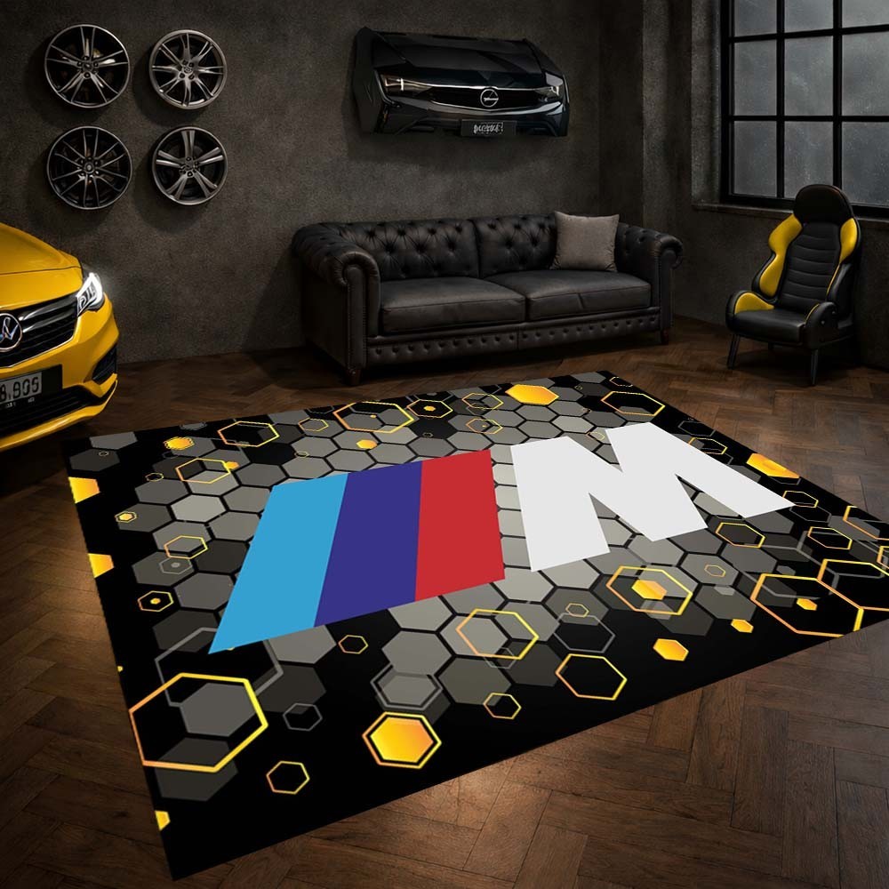 M Logo Area Rug, Motorsport Racing Carpet, Garage Man Cave Decor