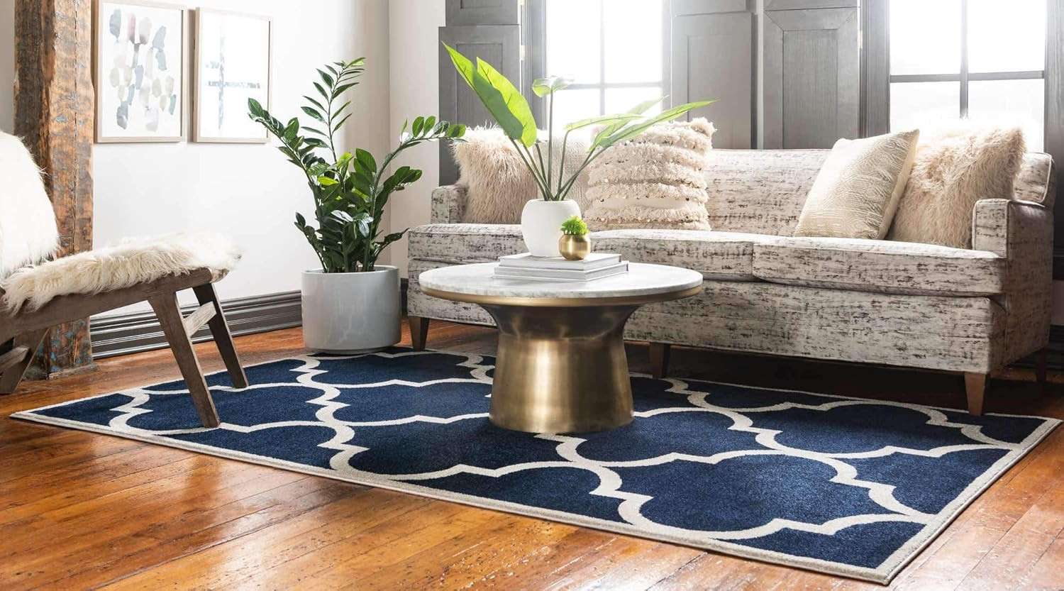 Trellis Collection 9′ x 12′ Navy Blue/Beige Area Rug – Austin Design
