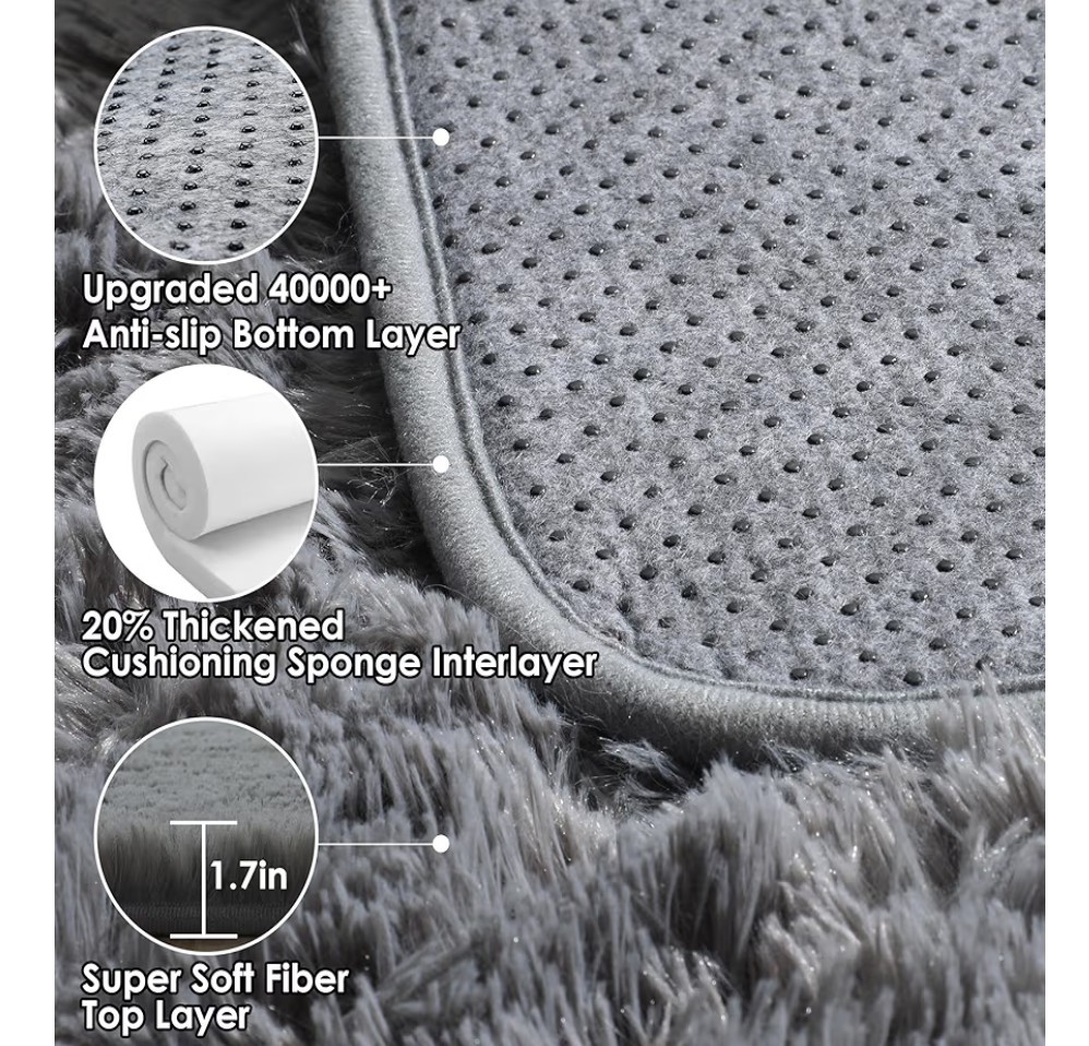 Fluffy 8’x10′ Large Shaggy Area Rug Living Room Ultra Soft Plush Anti Slip-Grey