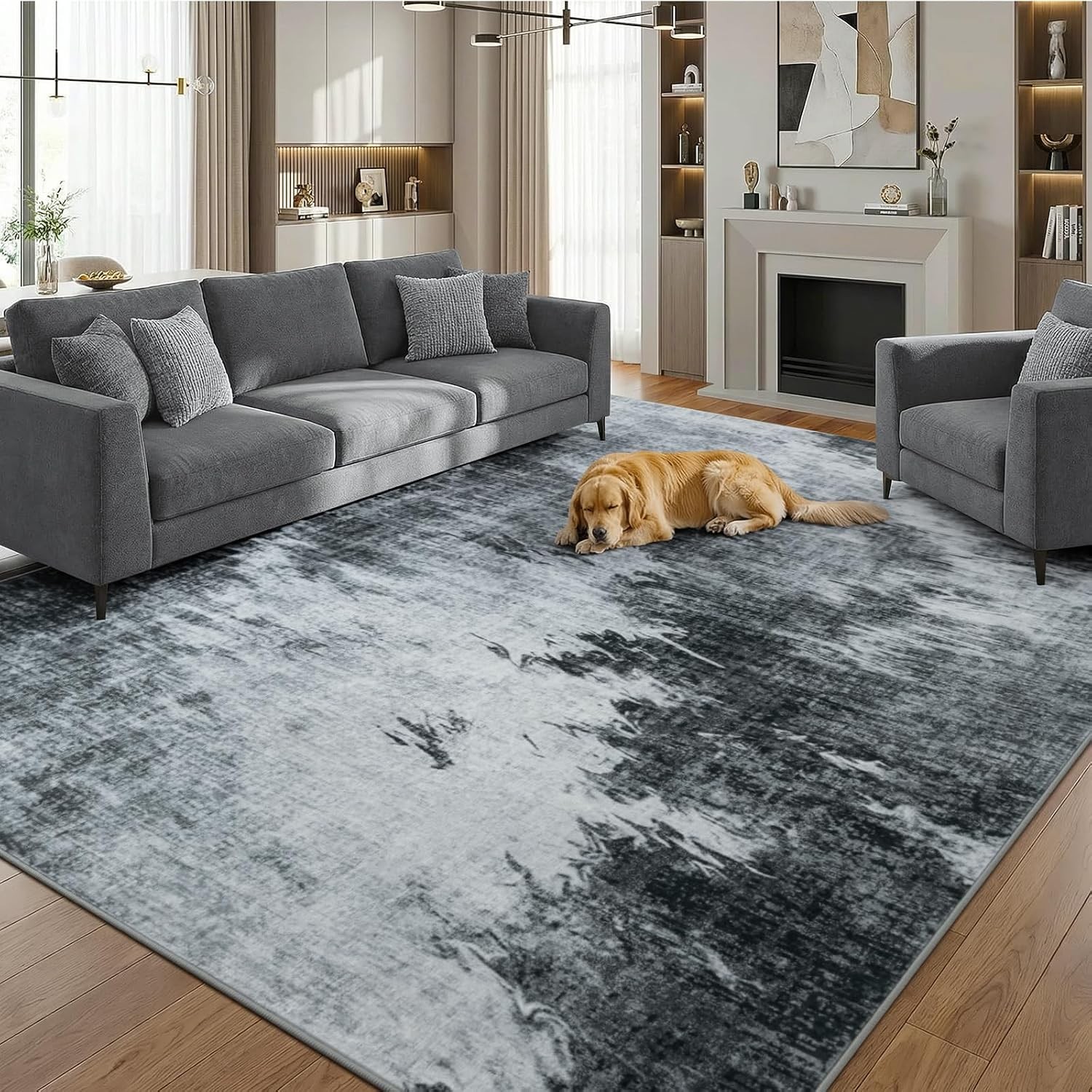 Washable Area Rugs for Living Room, 4×6 Modern Abstract 4x6Feet Grey Black
