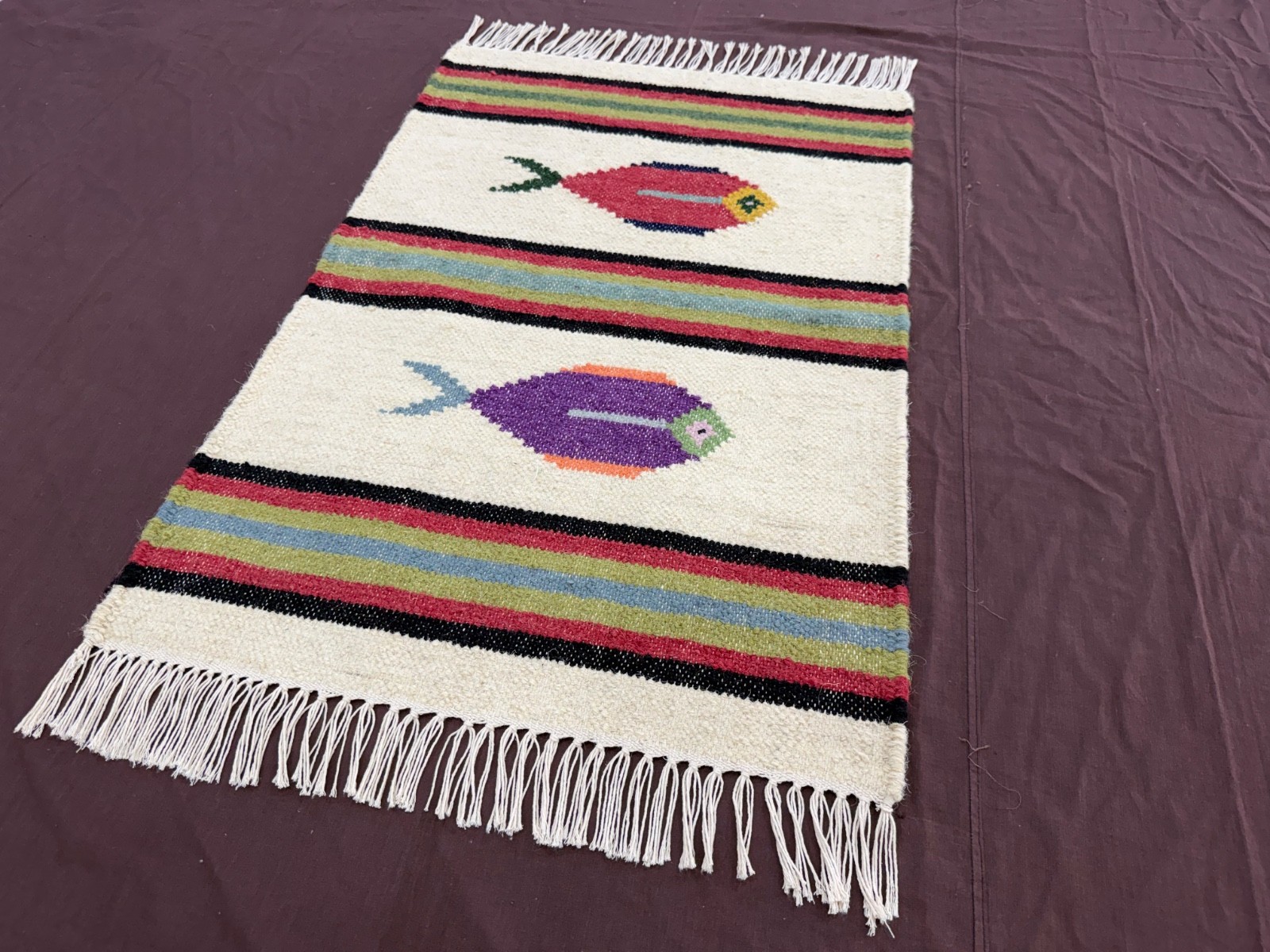 Hand Woven Wool Rug 2×3 Cream Tribal Fish Folk Art Striped Small Kilim for Kids