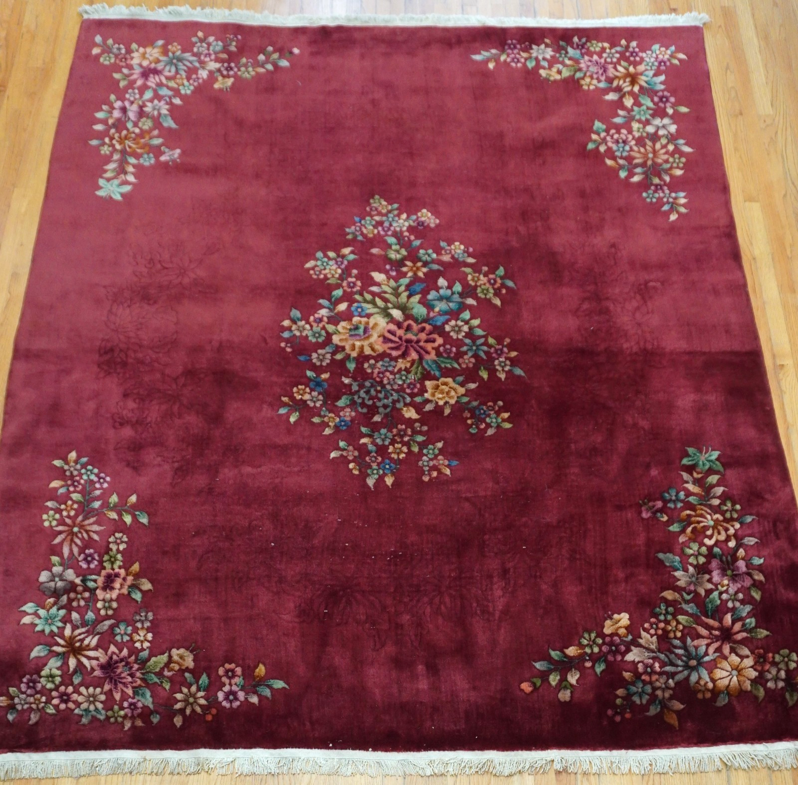 8′ x 9’6″ Antique Art Deco Chinese Hand Knotted Wool Red Floral Oriental Rug