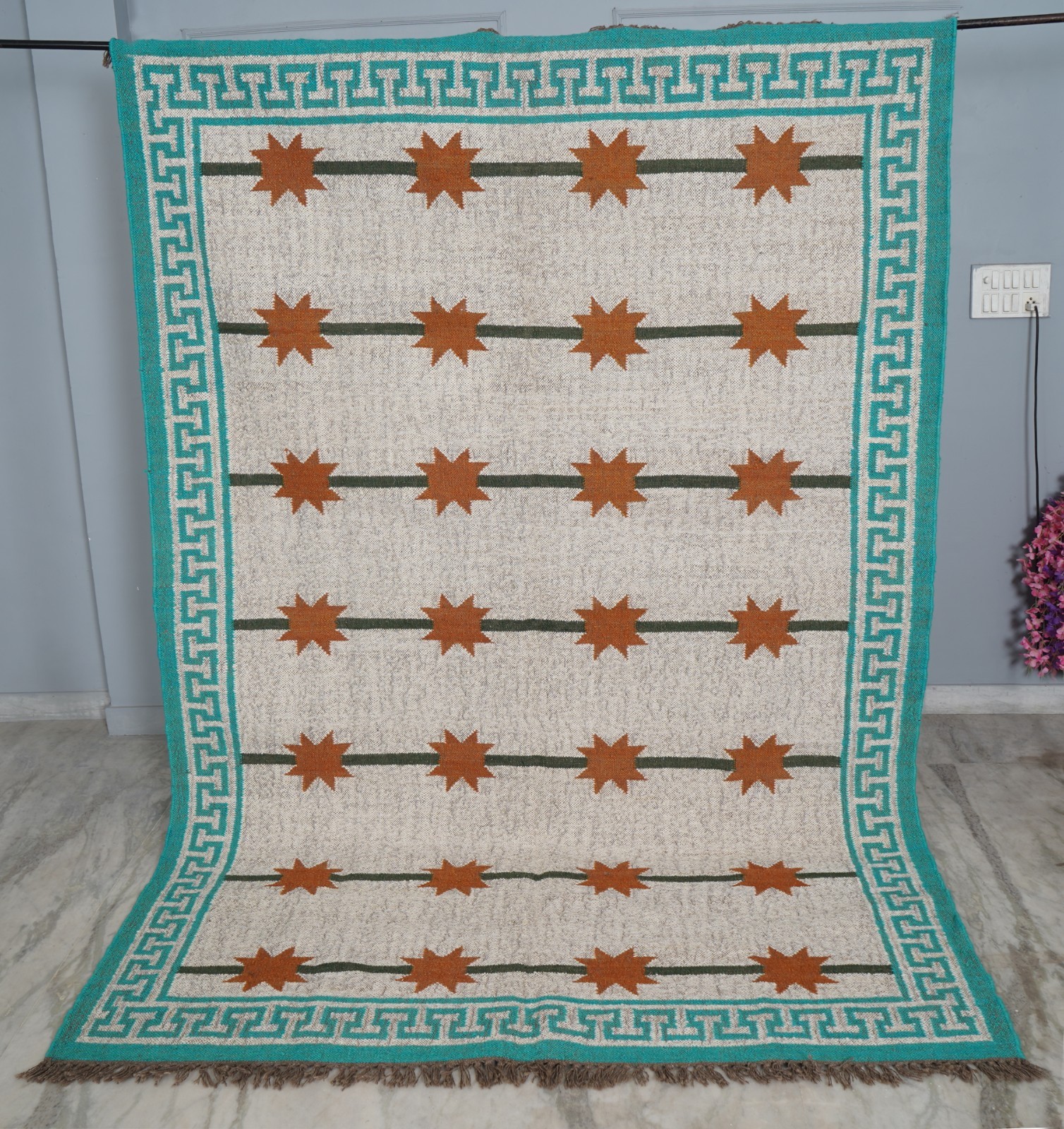 Handmade Area Rug Turquoise, Rust Brown & Natural Ivory Starburst Geometric Rugs