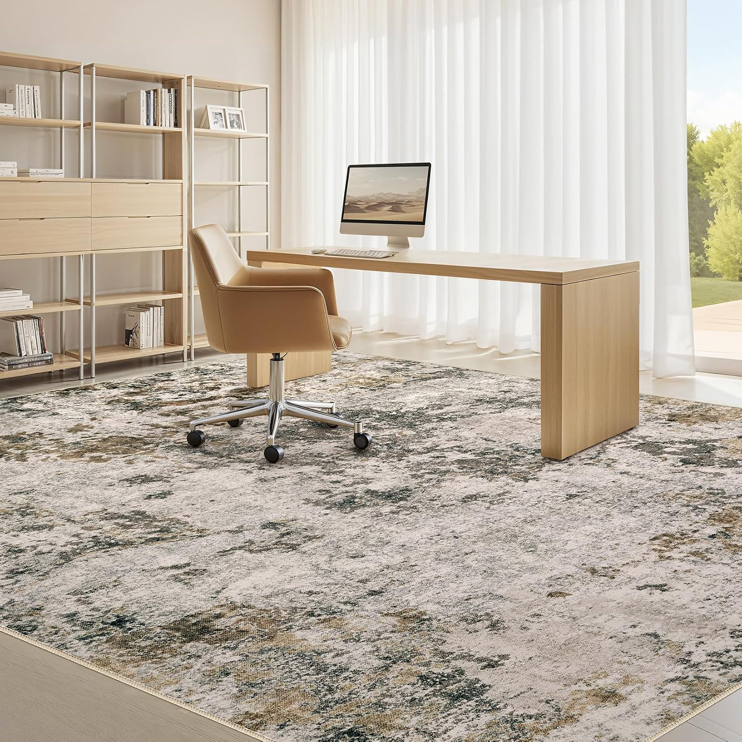 Area Rugs 5X8 Living Room: Washable Large Abstract Modern Neutral Soft Rug Stain