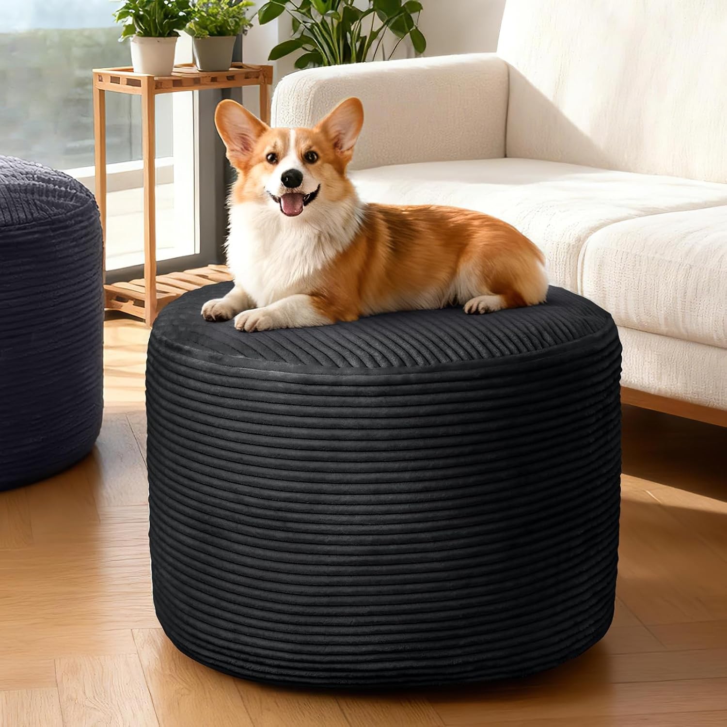 Modern Round Ottoman Foot Rest Pouf for Living Room Couch – Soft Plush Shredded