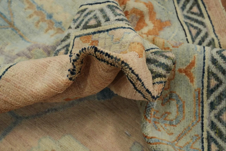 Hand Knotted Oushak Wool Rug Antique Turkish Style Peach Blue Pastel Area Carpet