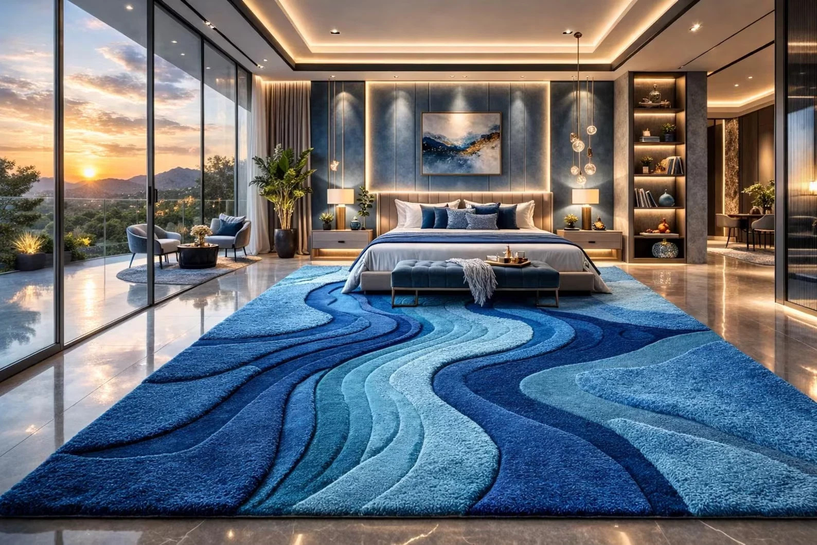Hand Tufted New Zealand Wool Blue Wave Abstract Rug – Modern Luxury Room Carpet
