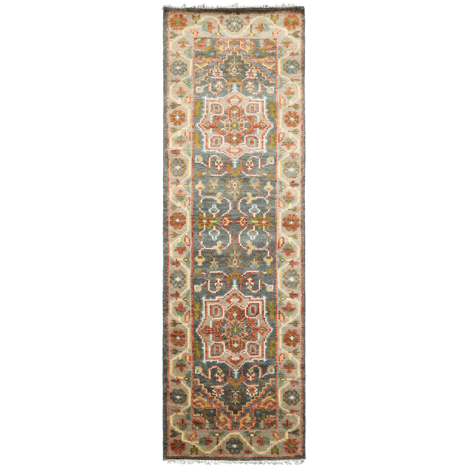 2’6”x8 Runner Hand Knotted Wool Teal, Gray Oushak Traditional Rug