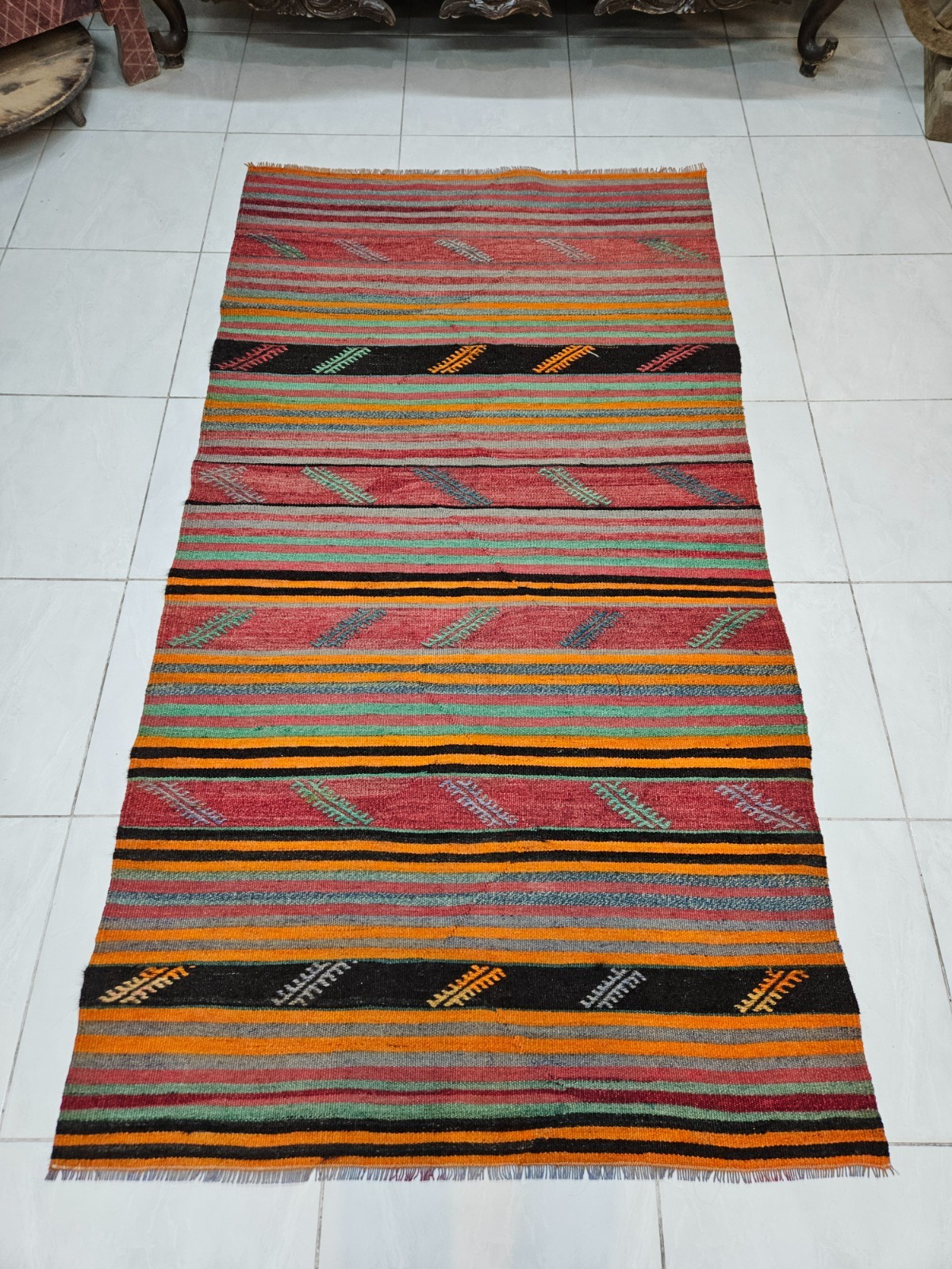 Red Turkish Kilim Rug for Living Room, 3.7 x 7.1 ft Handknitted Woolen Kilim Rug