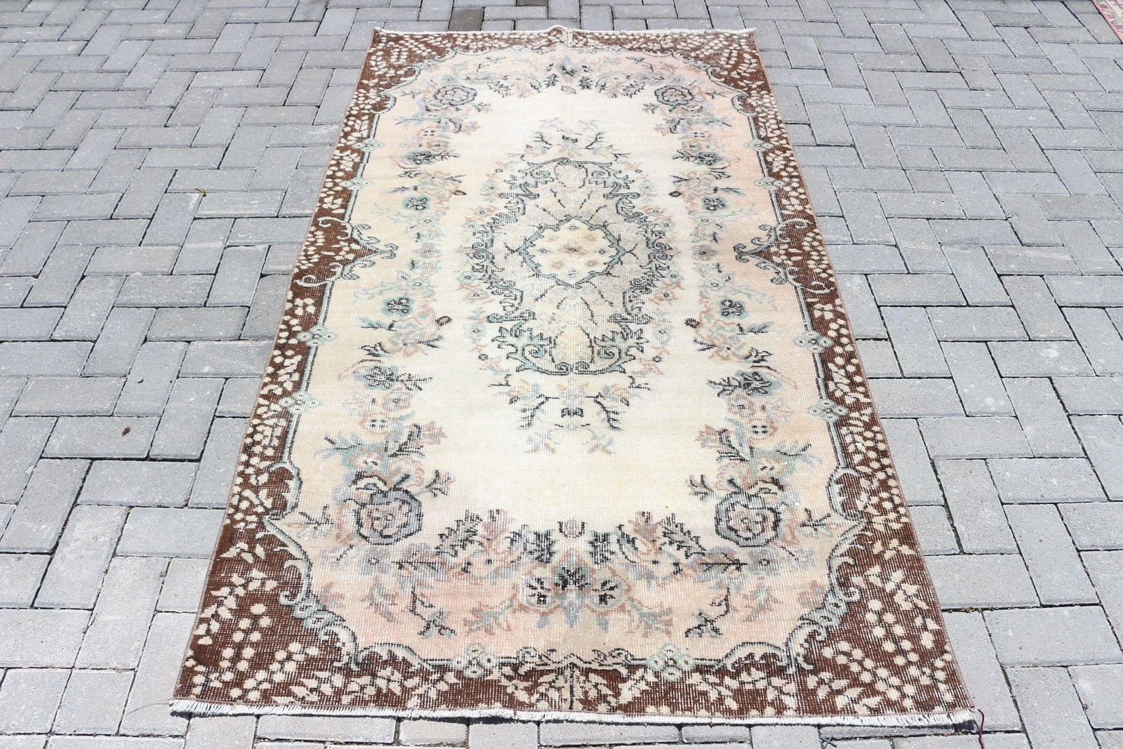 Turkish Area Rug, 3,7×6,8 ft Vintage Rug, Brown Floral Wool Rug