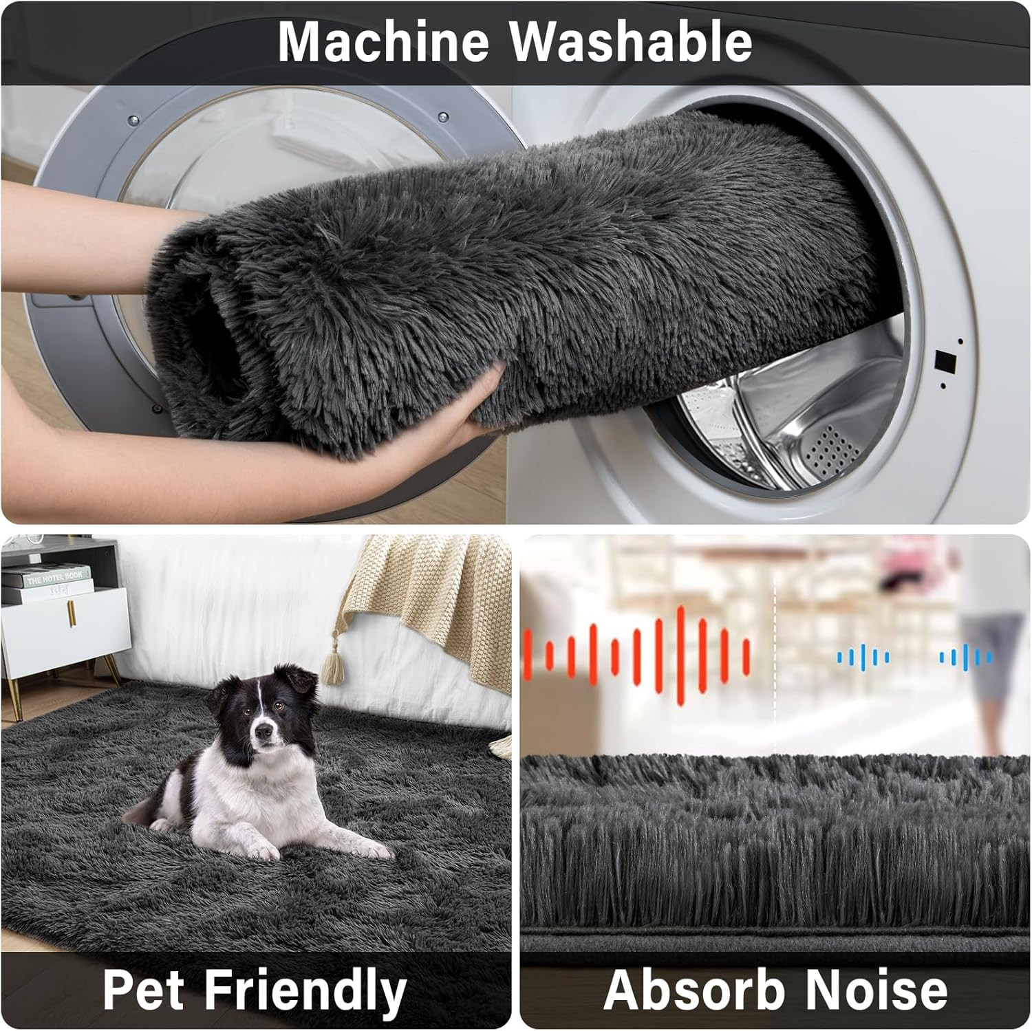 Large Dark Grey Shaggy Rug 9×12 Feet – Soft Non-Slip Plush Area Carpet