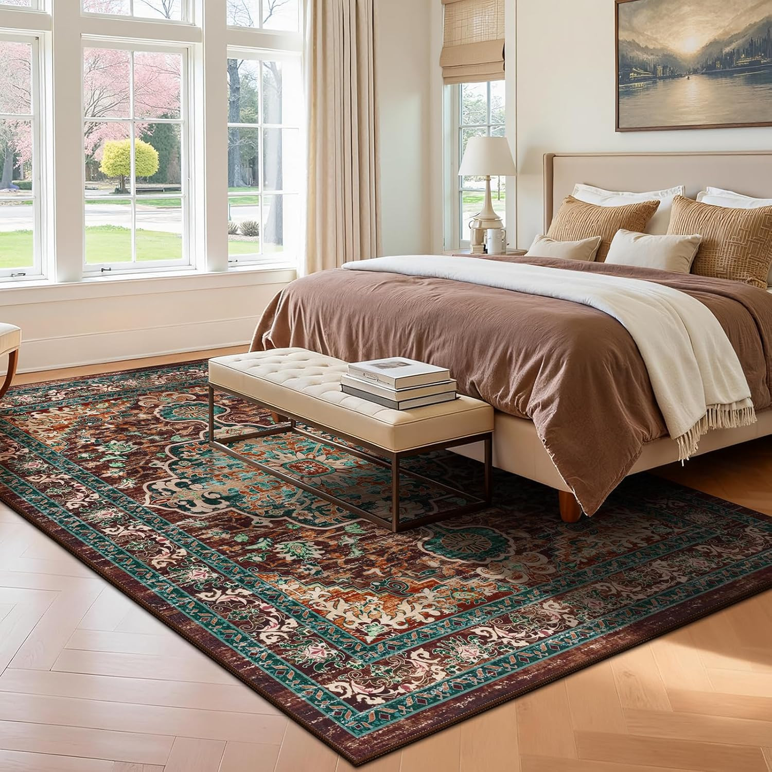 Boho Vintage Area Rug 5X7 Machine Washable Carpet, Rust＆Teal | Low Pile, Non Sli