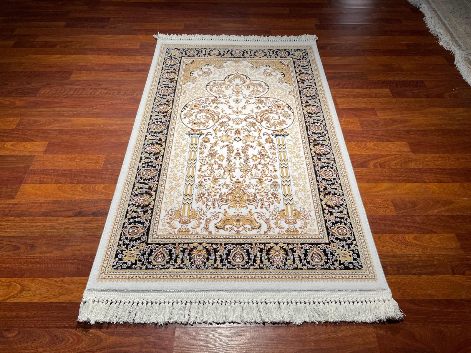 3×4 ft Ivory Gold Black Silk Prayer Mat Floral Muslim Gift Rug Janamaz Mat