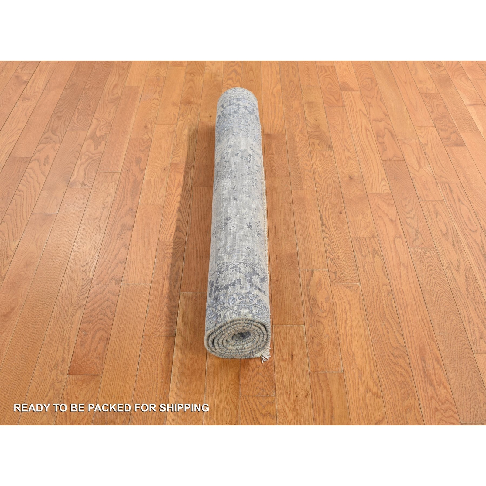 4’x6′ Spruce Blue Wool & Pure Silk Erased Zoroastrian Design Oriental Rug R78222