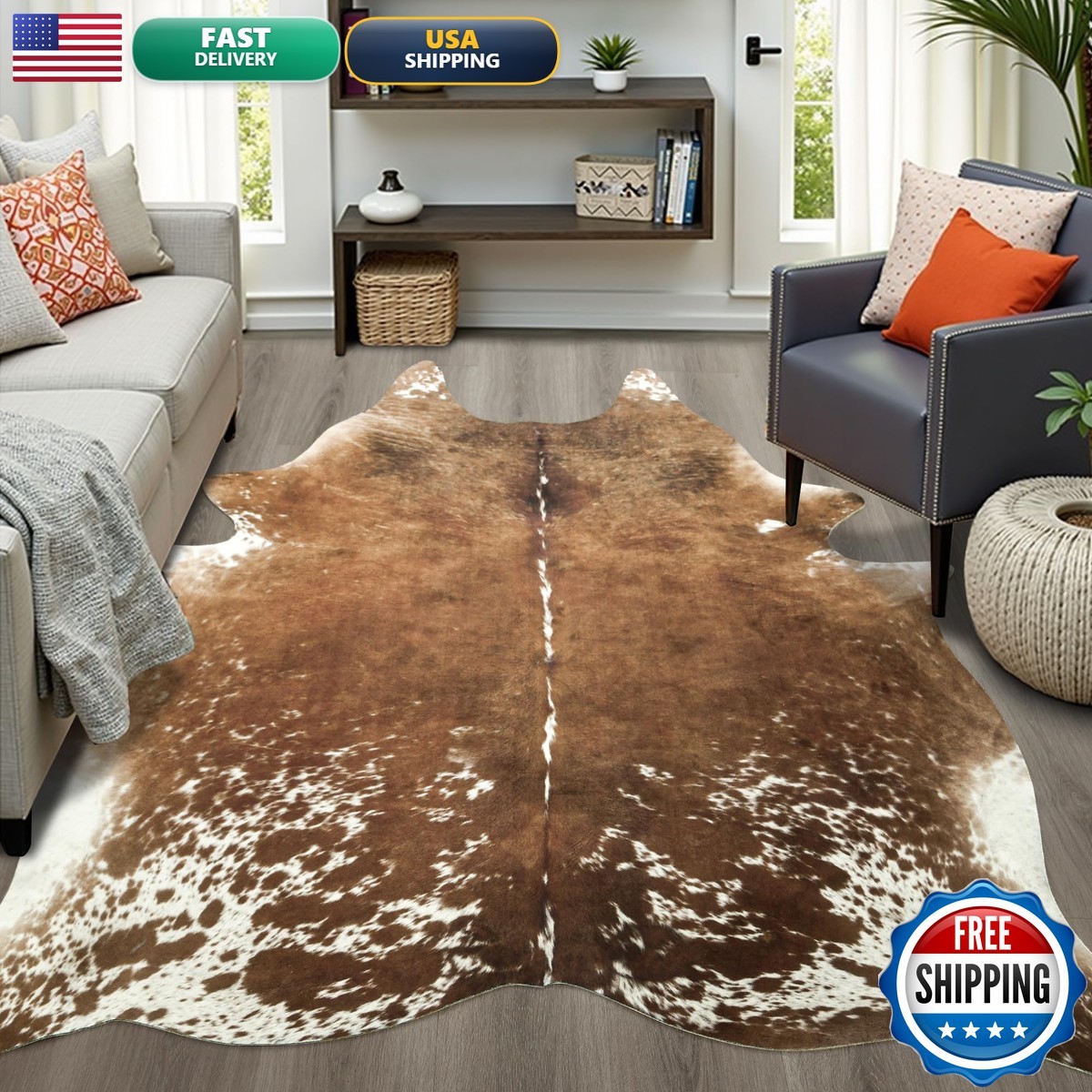 Easycozy Faux Cowhide Cow Print Rug 6.2 x 7 Western Decor Faux Cowhide