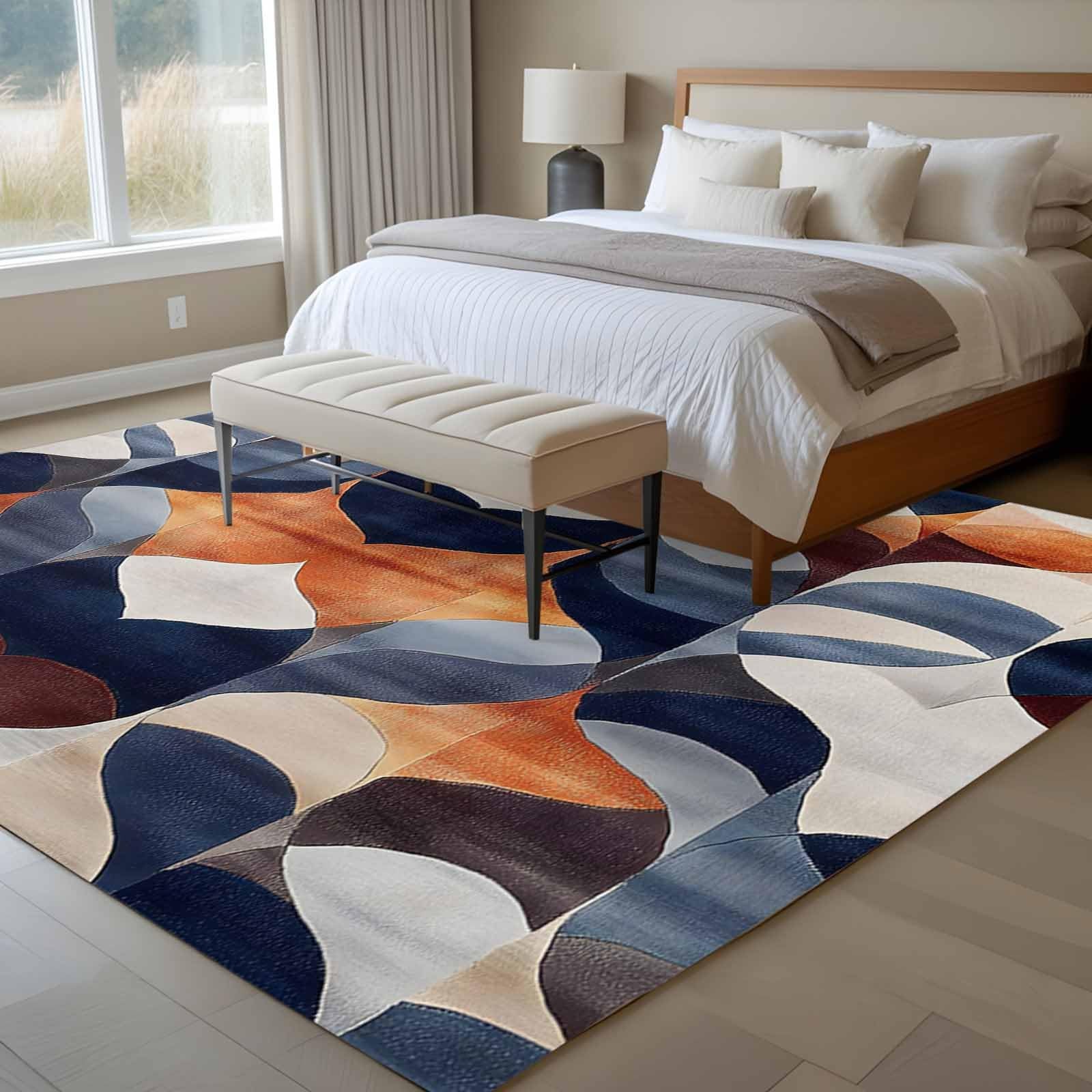 5×7 Area Rugs for Living Room, Navy Blue Burnt Orange Non Slip Washable Rug R…