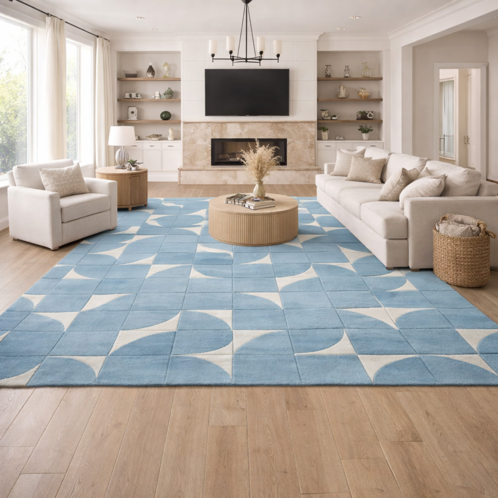 Luxury Hand Tufted Wool Rug Blue & Cream Geometric Living Room Carpet 9X12,13X15