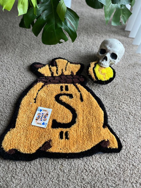 Money Bag Rug, Small Handmade Dollar Sign Bank Robber Non Slip Carpet Ooak