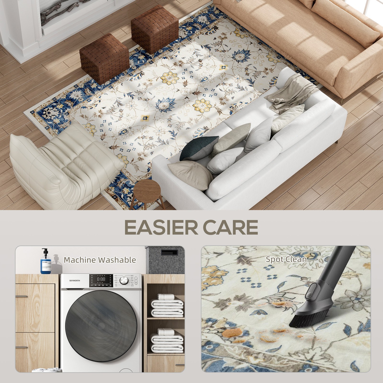 HOMCOM Machine Washable Area Rug 8×10, Boho Floral Print Carpet, Blue