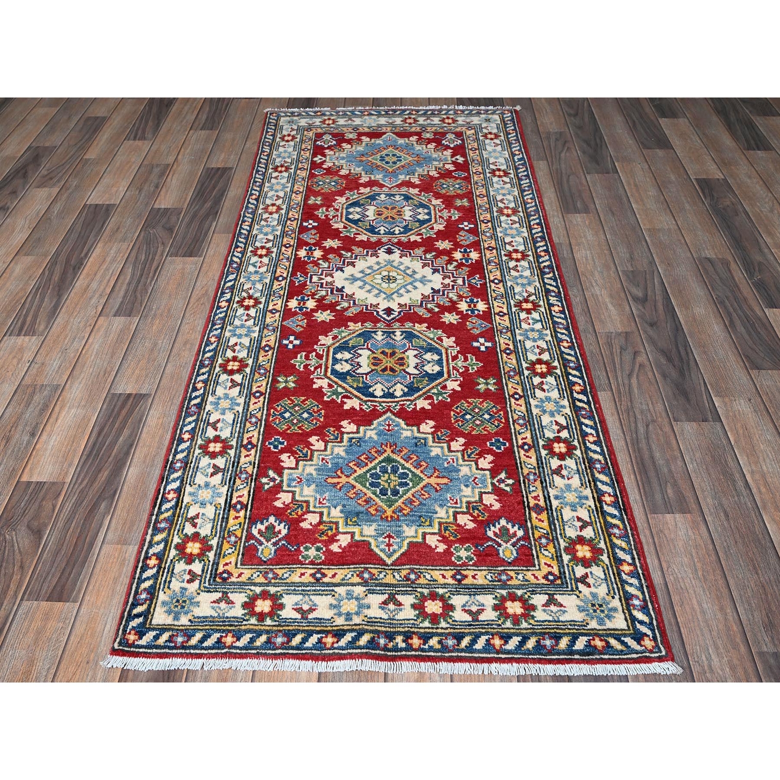 2’9″x6’4″ Red Kazak with Medallion Design Hand Knotted Soft Wool Runner Rug R434