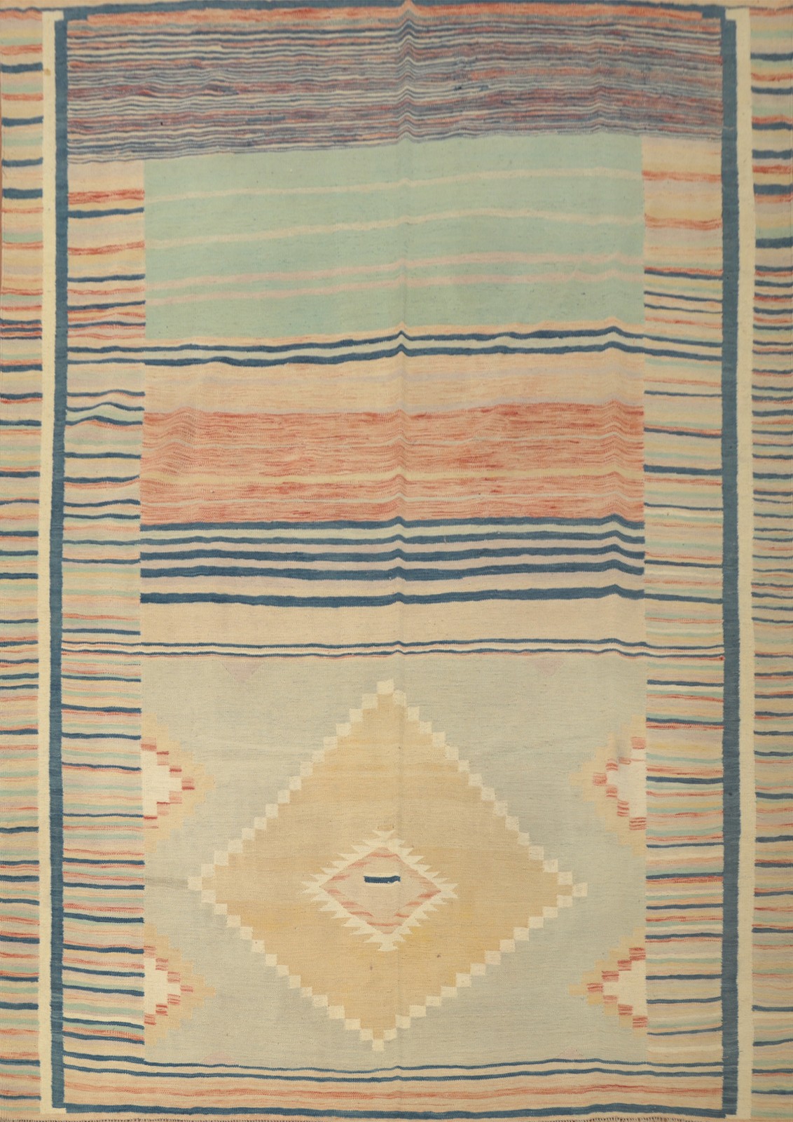 Contemporary Pastel Color Kilim Rug 8×10 Flat-woven Striped and Diamond Pattern