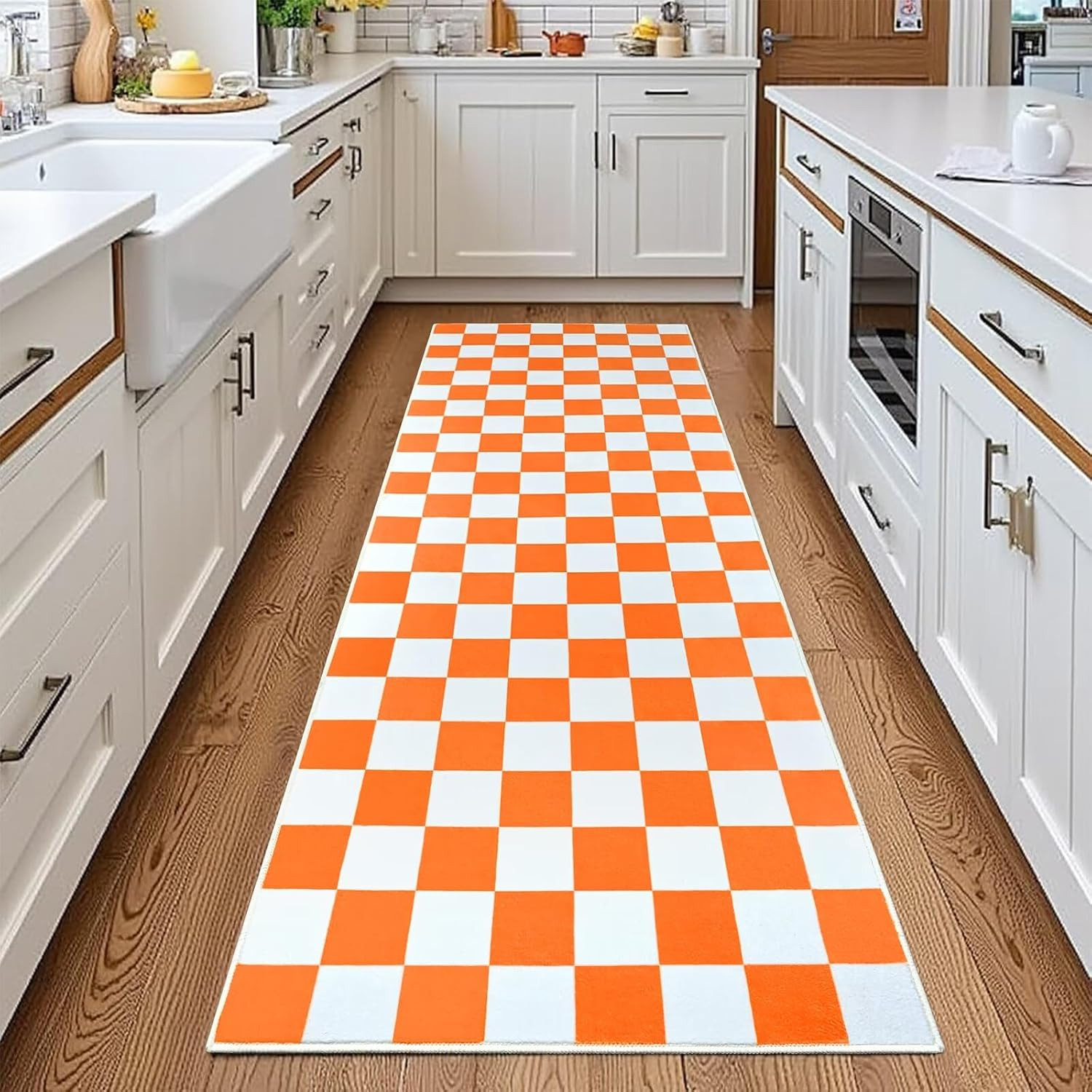 Orange and White Checkered Area Rug for Kitchen,2×6 Runner Rugs Washable with No