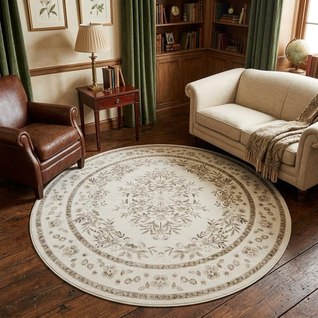 6Ft Floral round Rug for Living Room Beige Floral Bordered | Dining Floor Carpet