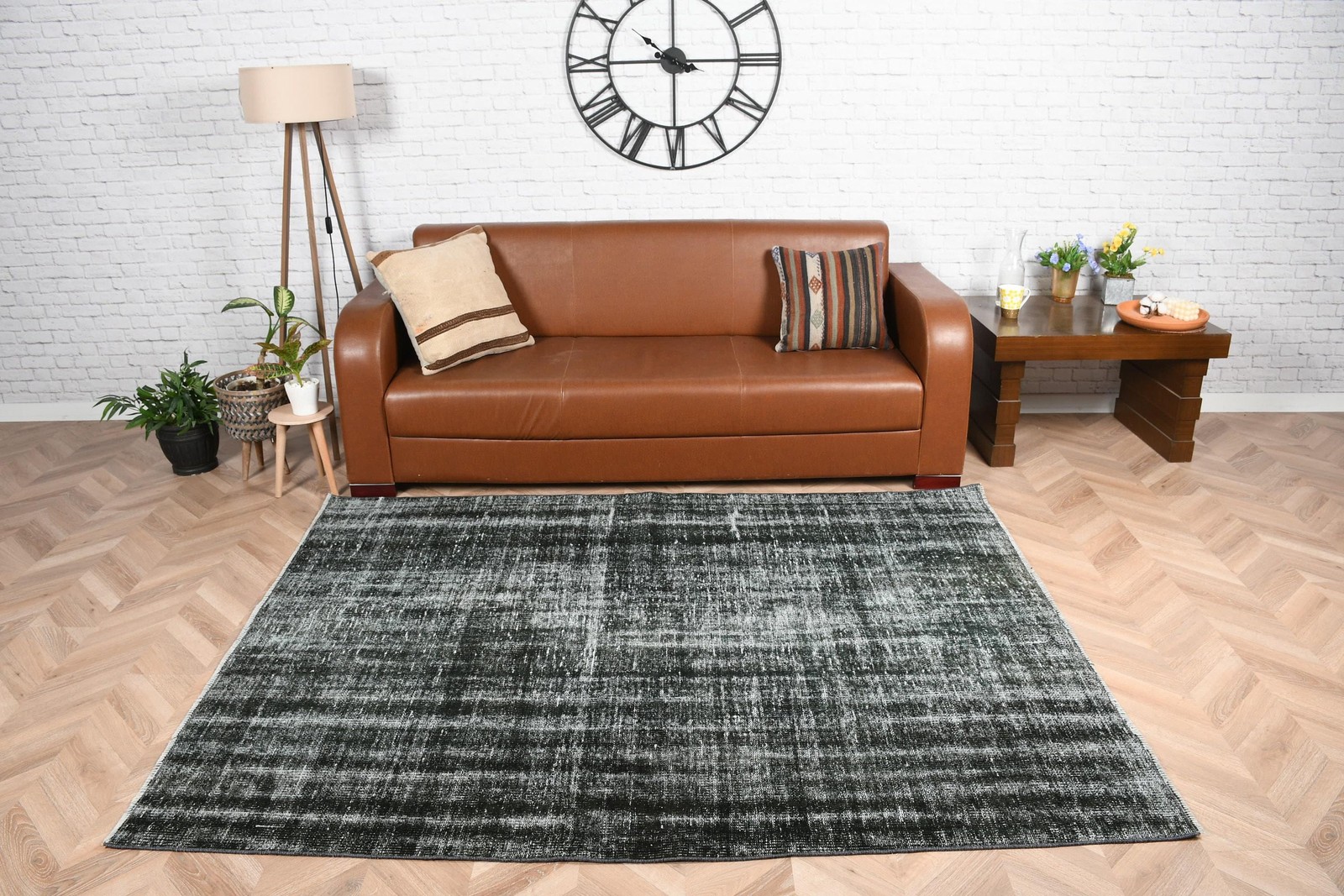 5,2×6,8 ft Rug, Turkish Vintage Rug, Black Check Rug