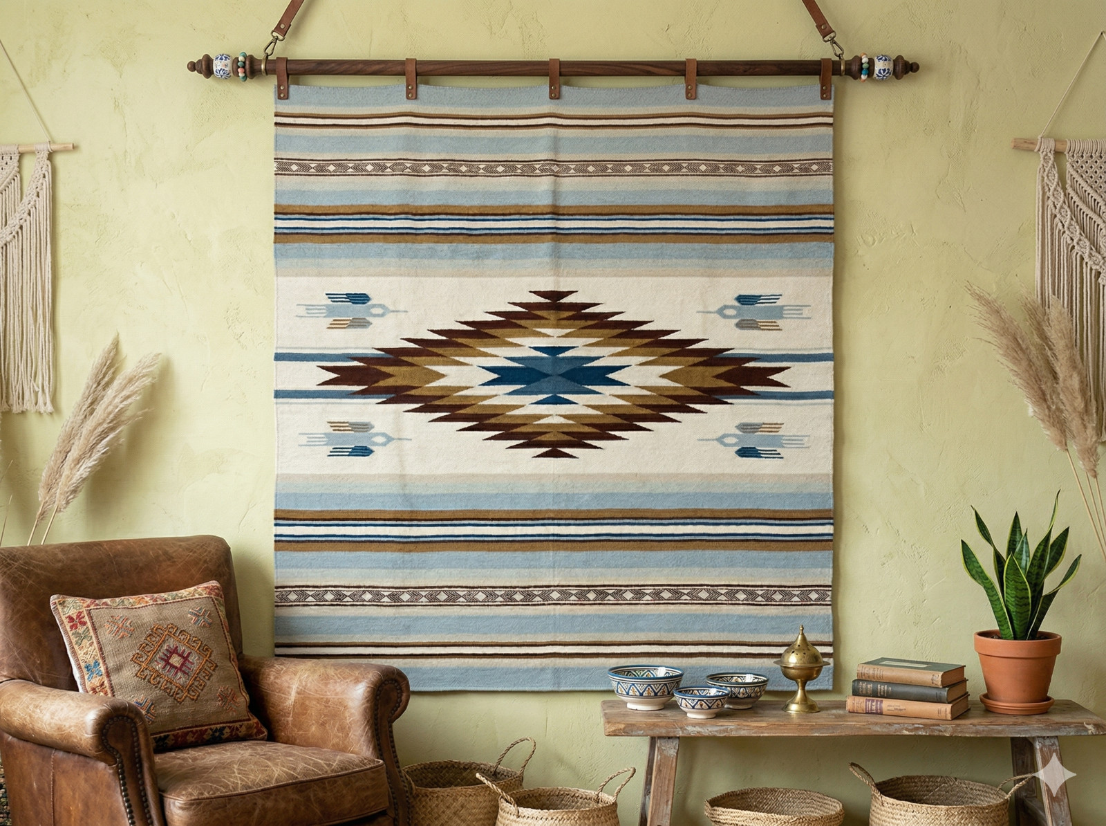 Navajo Style Wool Area Rug Blue Brown Diamond Eye of God Tribal Flatweave 10×14