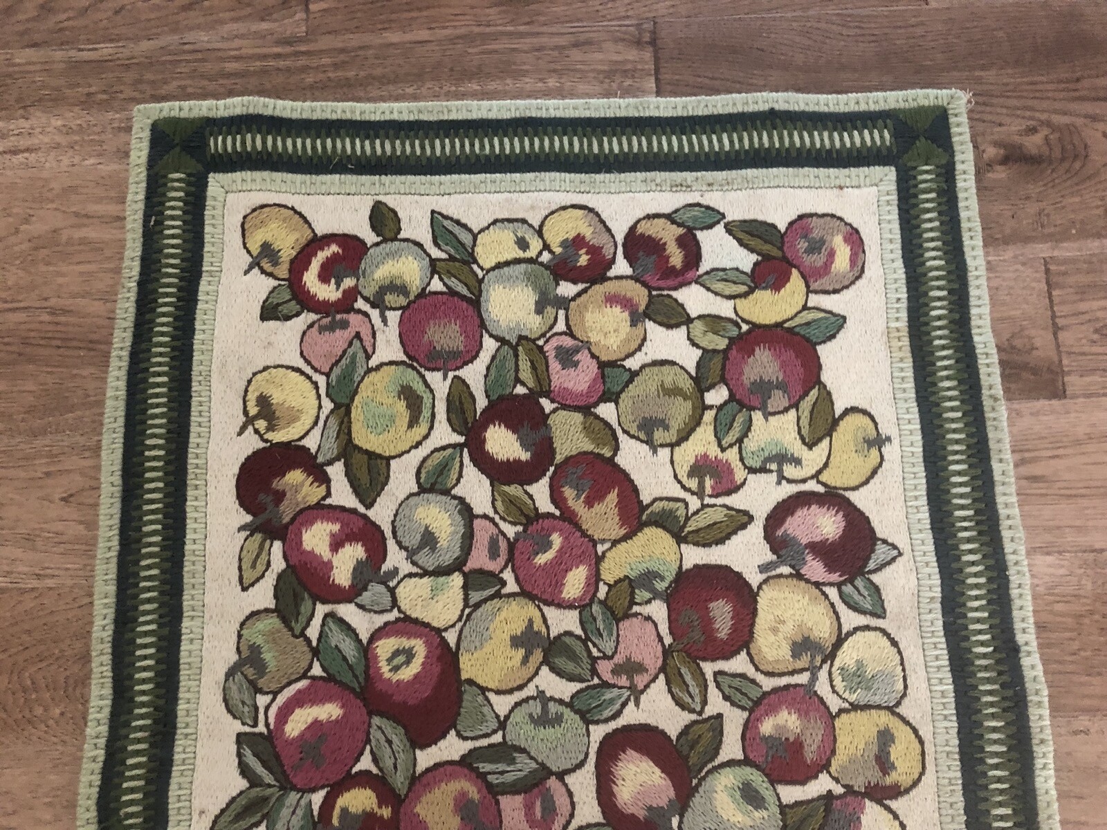 Vintage Hand Made Embroidered Needlework Rug with Fruits Field and Green Border