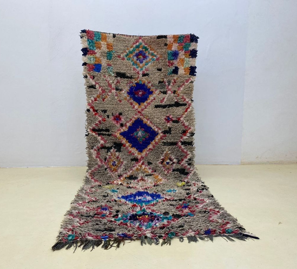 Boucherouite Moroccan Rug Handmade 3’3×7’7 ft Vintage Berber Blue Gray Home Rug