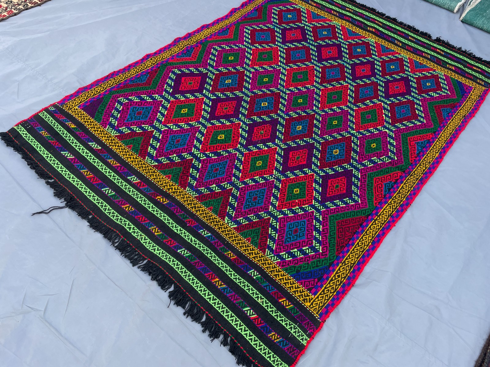 4×5 Bright Uzbek Soumak Rug Handwoven Tribal Geometric Flatweave Carpet.
