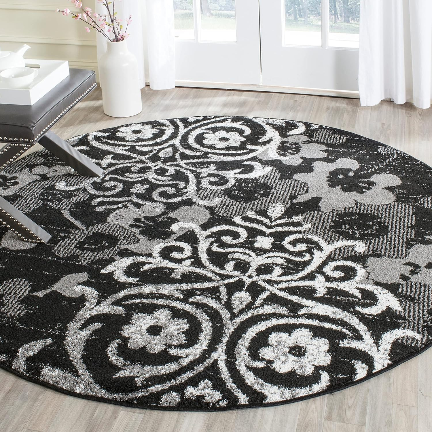 Adirondack Collection Area Rug – 9′ Square, Silver & Ivory, Floral Glam Damask D