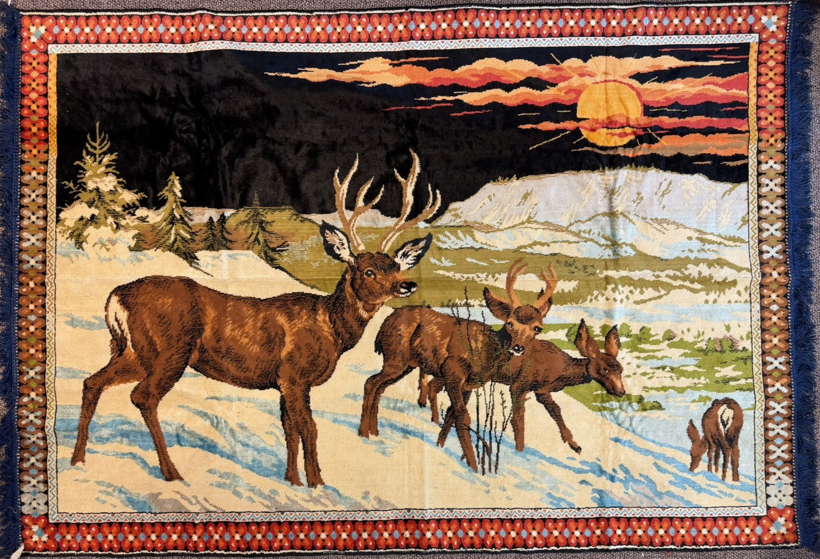 Tapestry Elk Deer Area Rug Velvet Wall Hanging Mancave Cabin Fringe 4′ x 6′