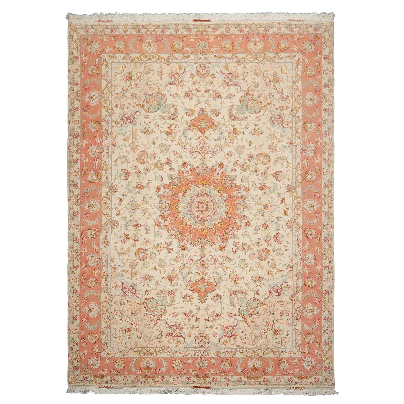 6’7”x9’11” Hand Knotted Wool & Silk Ivory Tabrizz Traditional Rug