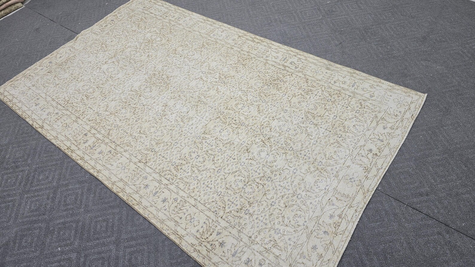 Cream Blue Oushak Wool Rug 5.1×8.4 Vintage Turkish Area Rug Cream Beige Floral