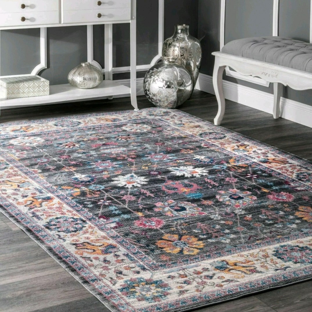 nuLOOM Vintage Floral Medallion Area Rug 5×7 Grey Gray Turquoise Pink Purple