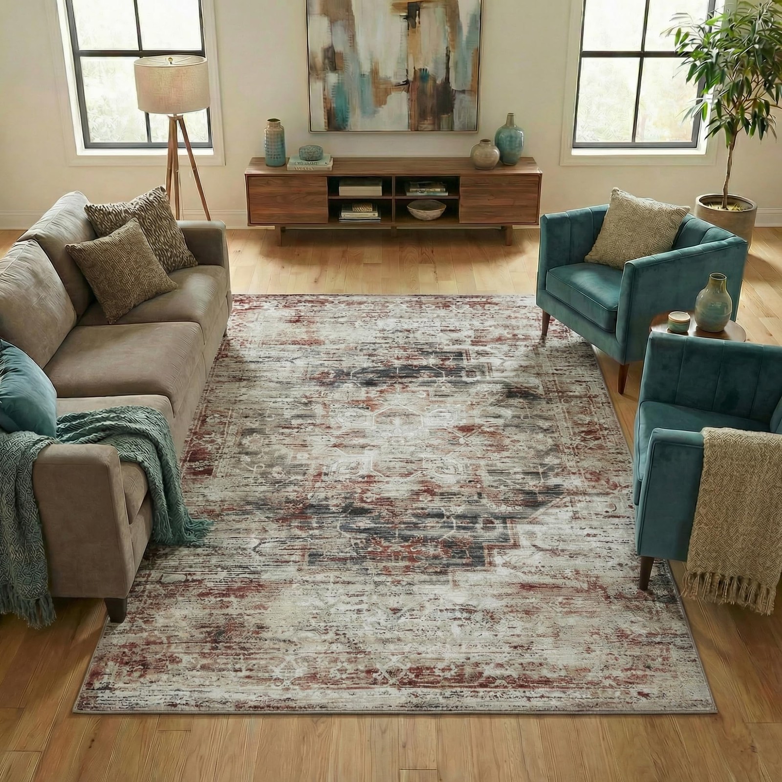 Superior Medallion Washable Rug Cotton Backing Carpet For Dining Table Mud Room