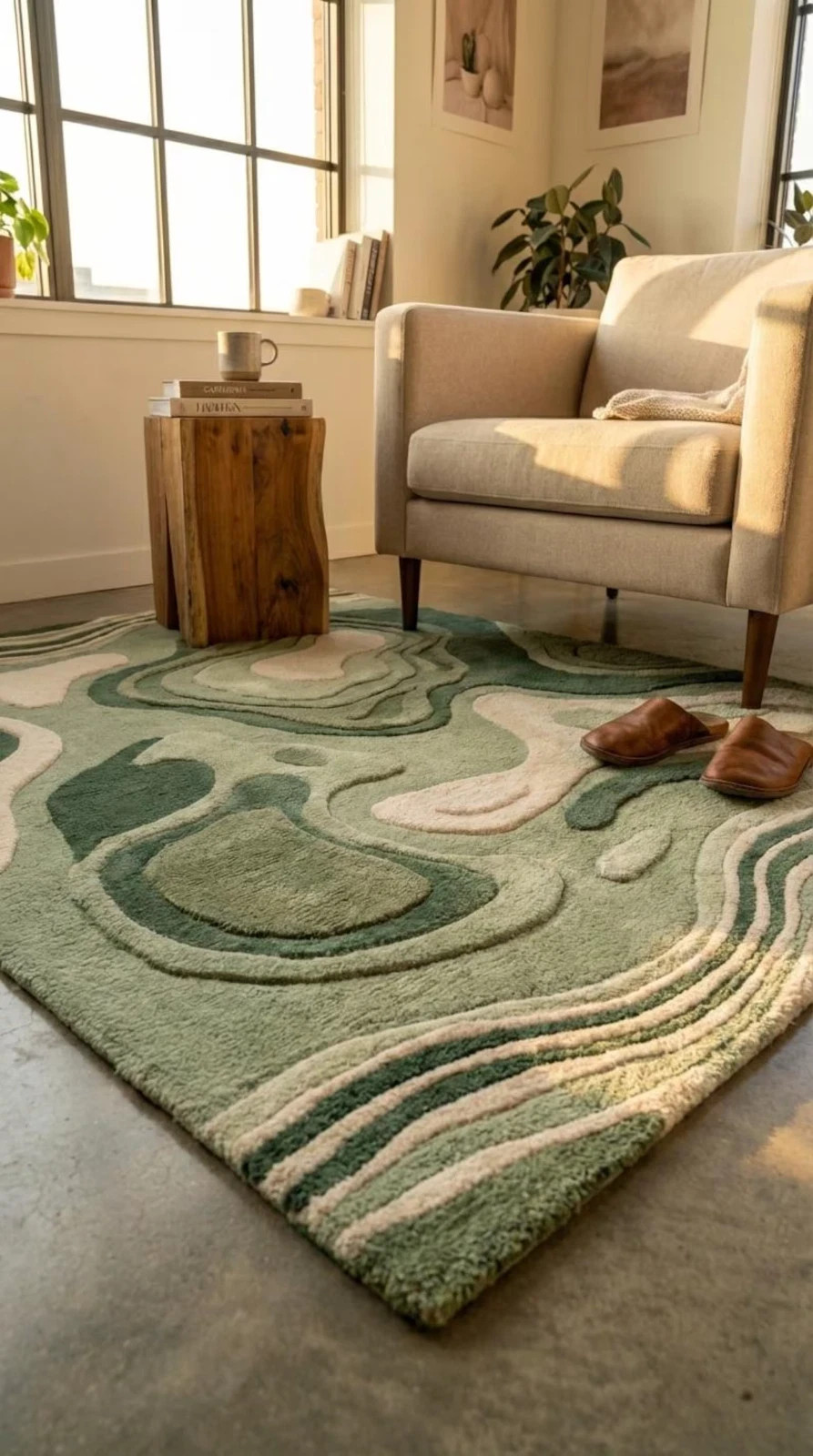 Hand Tufted Green Abstract Rug, Modern Organic Area Rug, Wool Living Room Carpet
