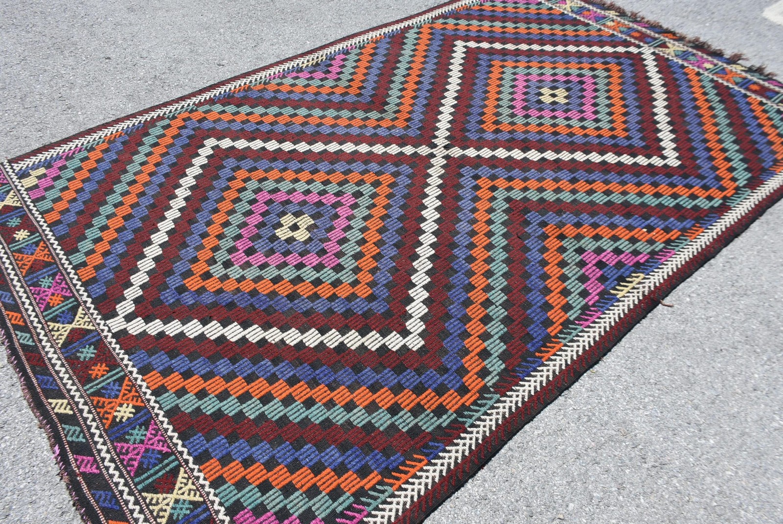 Vintage Turkish Rug, Large 6×9,5 ft (183×290 cm) Rug, Blue Striped Wool Rug