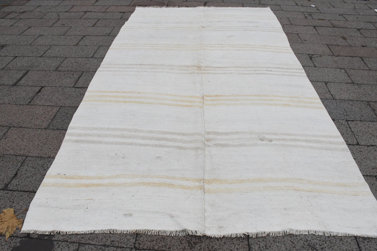 Vintage Rug, 7×12,3 ft Oversize Turkish Rug, Kilim White Yellow Oriental Rug