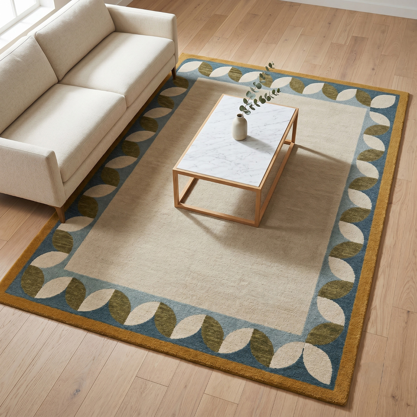 Hand Tufted Wool Rug 8×10 ft – Beige Botanical Border Modern Area Rug Handmade