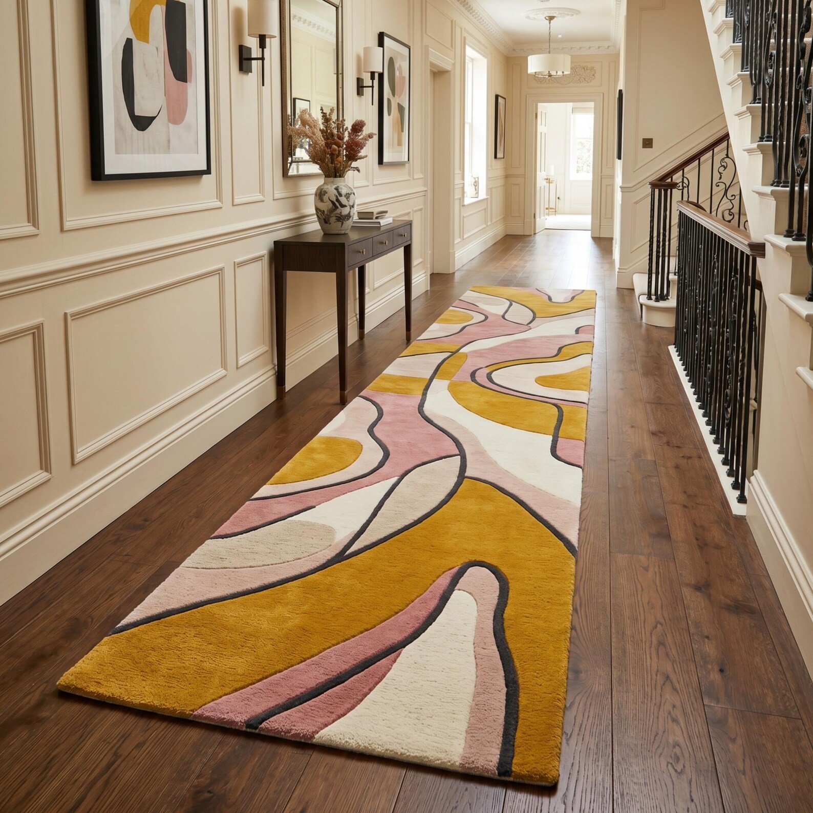 Modern Abstract Runner Rug Pink Yellow Ochre Hand Tufted Wool Hallway Carpet 2×8