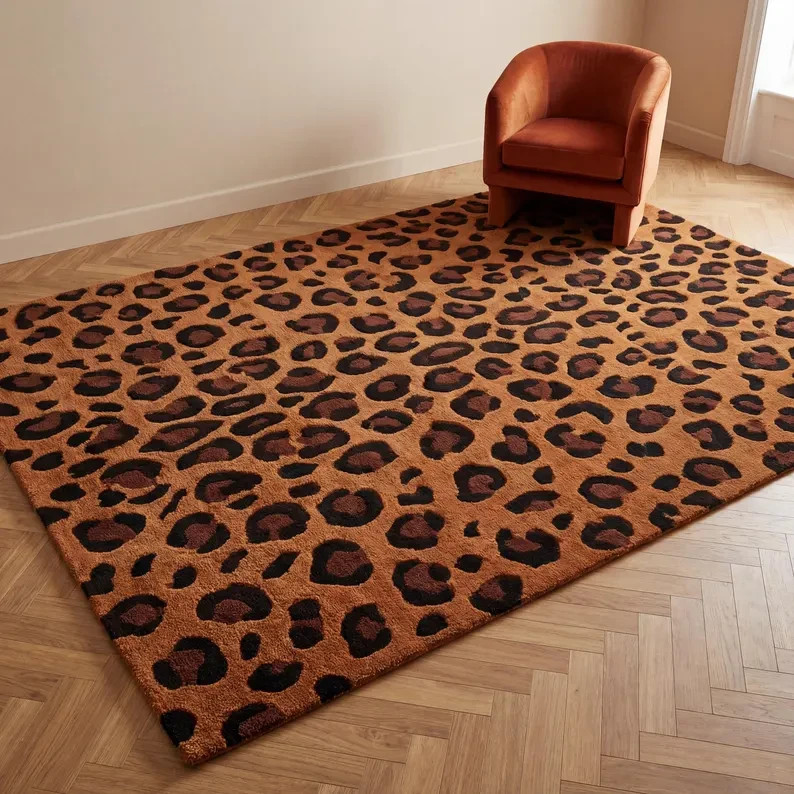 Hand Tufted Leopard Print Wool Area Rug 8×10 Modern Statement Carpet