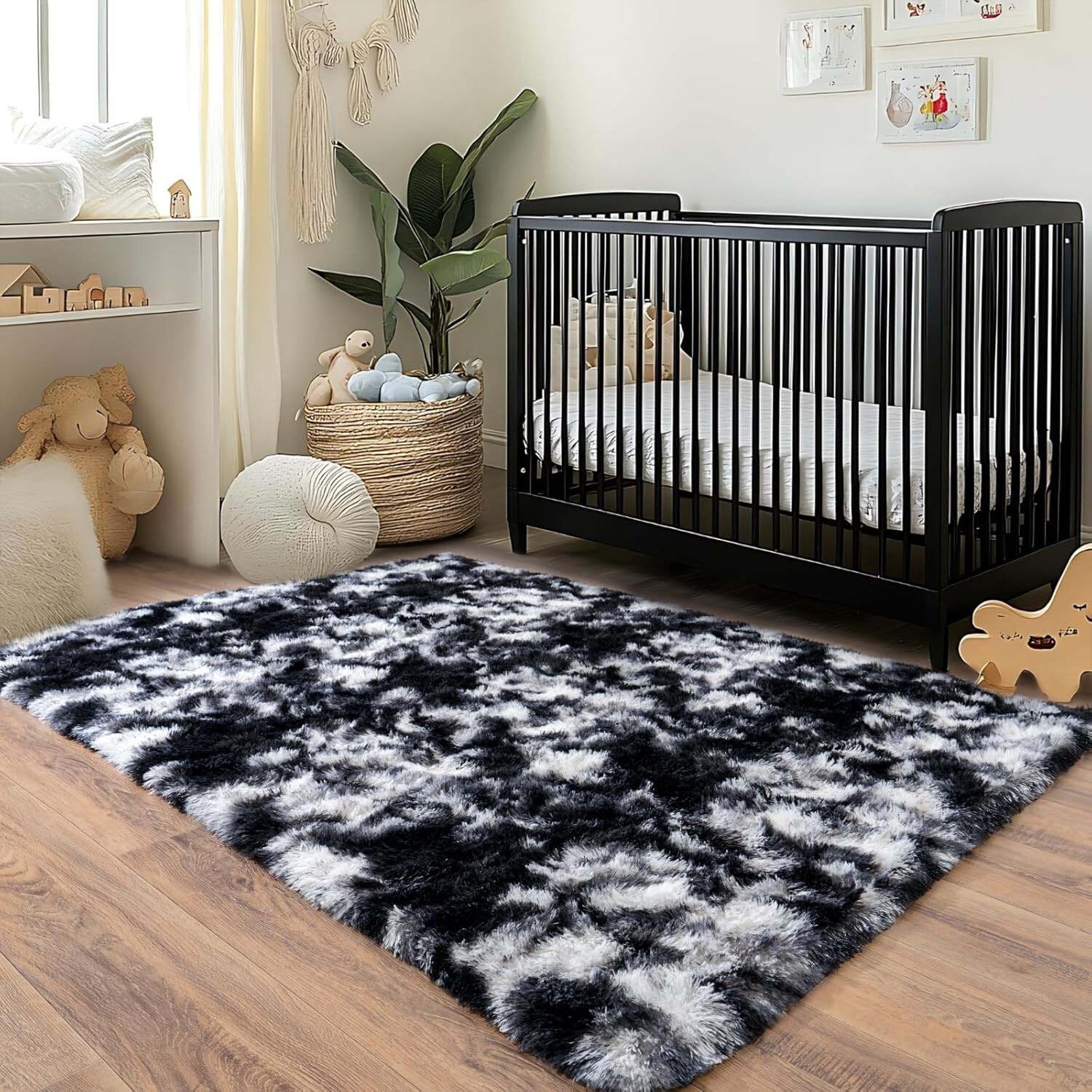 Fluffy Area Rugs Soft Large Black White Plush Carpet for Living & Bedroom Floor