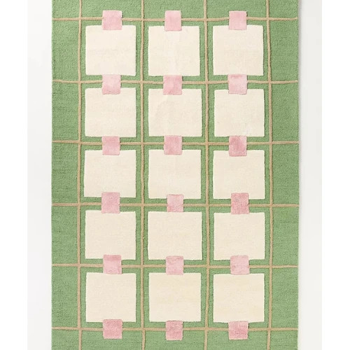 Modern Geometric Green Rug – Hand-Tufted Abstract Check Design Carpet, Handmade