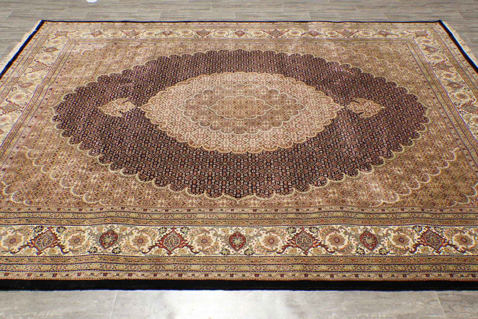 8 x 10.2 Black Tabriiz Mahii Quality Handmade Rug #F-4476